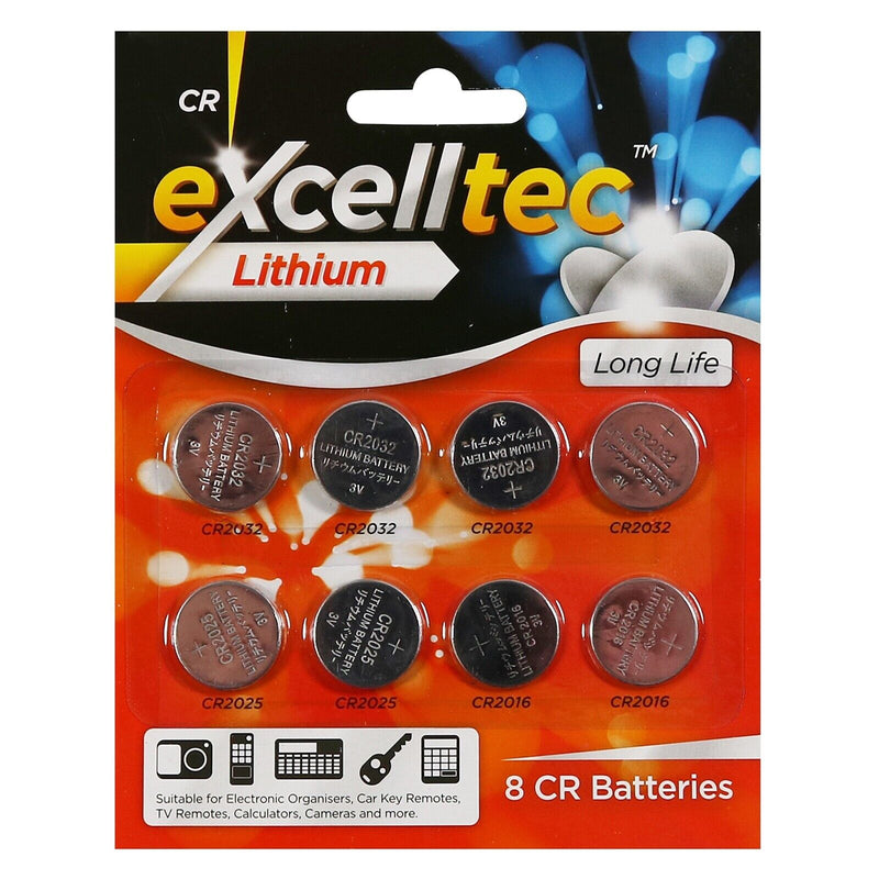 BATTERIES Lithium 8x Excelltec Lithium Battery Button Coin Cell CR2032/25/16 3v