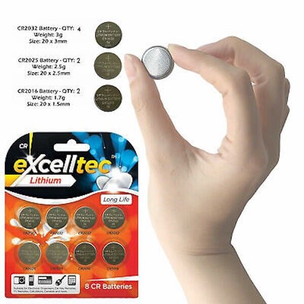 BATTERIES Lithium 8x Excelltec Lithium Battery Button Coin Cell CR2032/25/16 3v