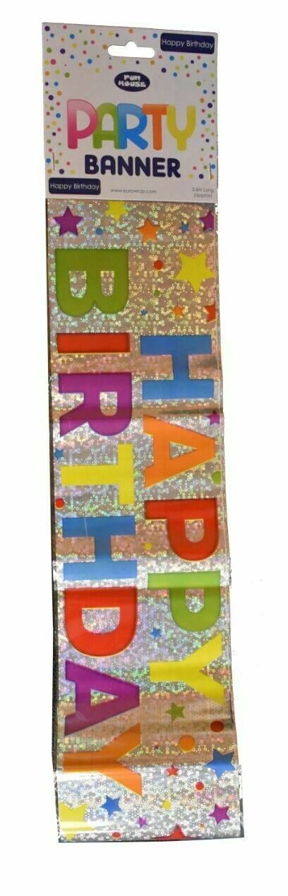 "HAPPY BIRTHDAY"  PARTY BANNER  HOLOGRAPHIC  SILVER  - STARS APPROX 2.6M