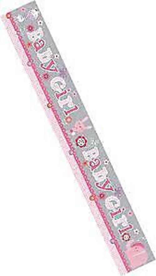 "BABY GIRL"  PARTY BANNER  HOLOGRAPHIC PINK/SILVER - APPROX 2.6M