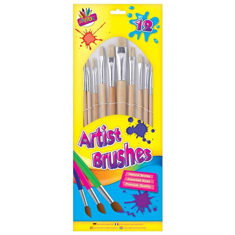 12 Large Artist Hobby Paint Brushes Set Small Large Sizes Thin & Thick Wooden