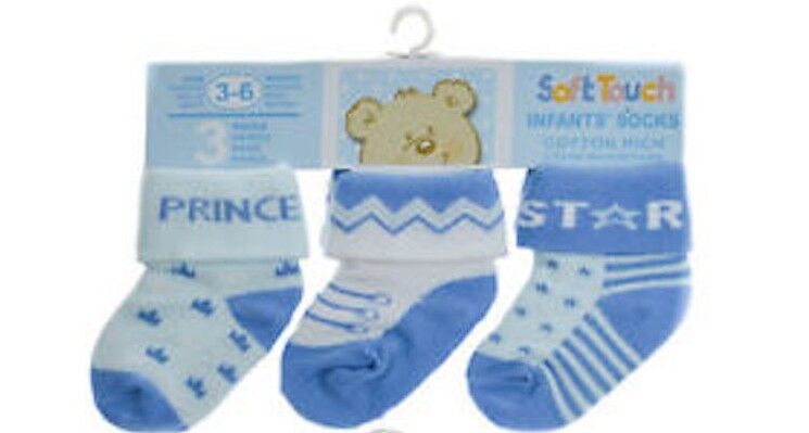 BABY BOY INFANTS 3 PACK PATTERNED COTTON RICH SOCK 6-12 MONTHS