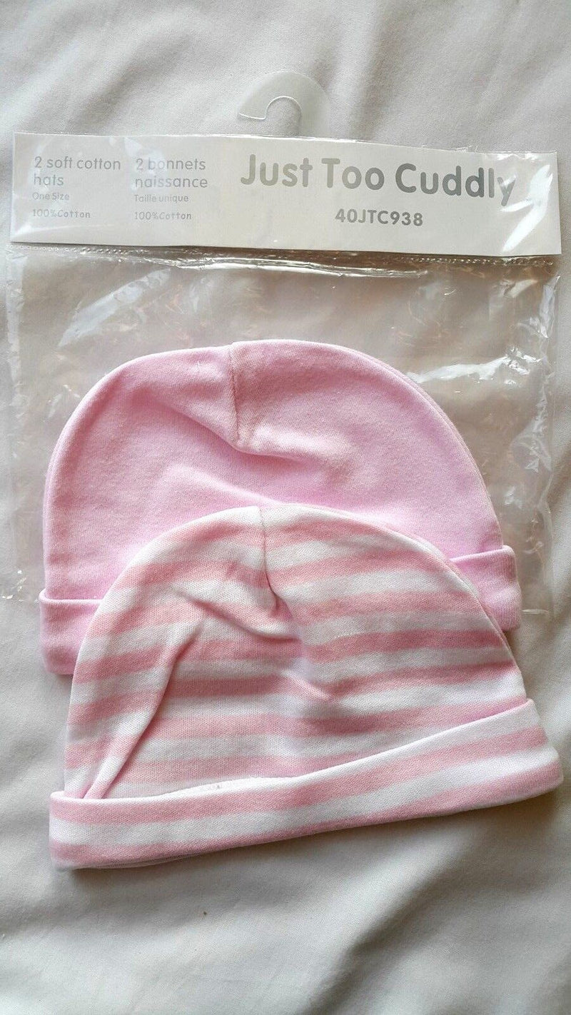 BABY GIRLS 2 PACK SOFT COTTON HATS BONNETS 100% COTTON -PINK - JUST TO CUDDLY