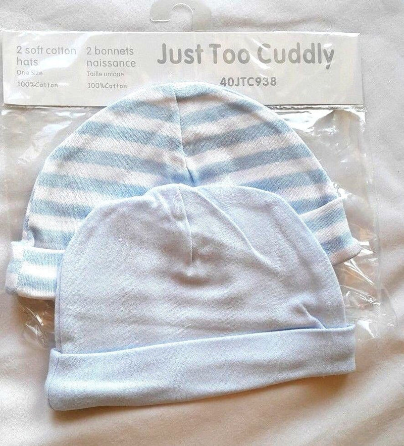 BABY BOYS 2 PACK SOFT COTTON HATS BONNETS 100% COTTON -BLUE - JUST TO CUDDLY