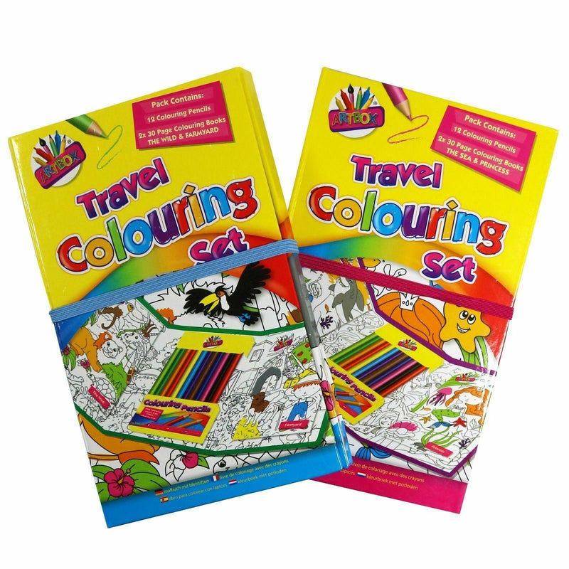 Artbox Travel Colouring Set Pad & 12 Colouring Pencils 2 x30 Page Books Wild/Far